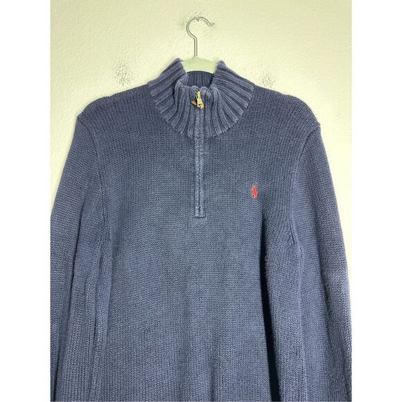 Vintage Polo Ralph Lauren Cotton 1/4 Zip Knit Sweater Turtleneck Logo Sz M Navy - Picture 2 of 11